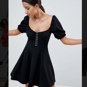 ASOS Black Skater Dress Hook & Eye Puff Sleeve